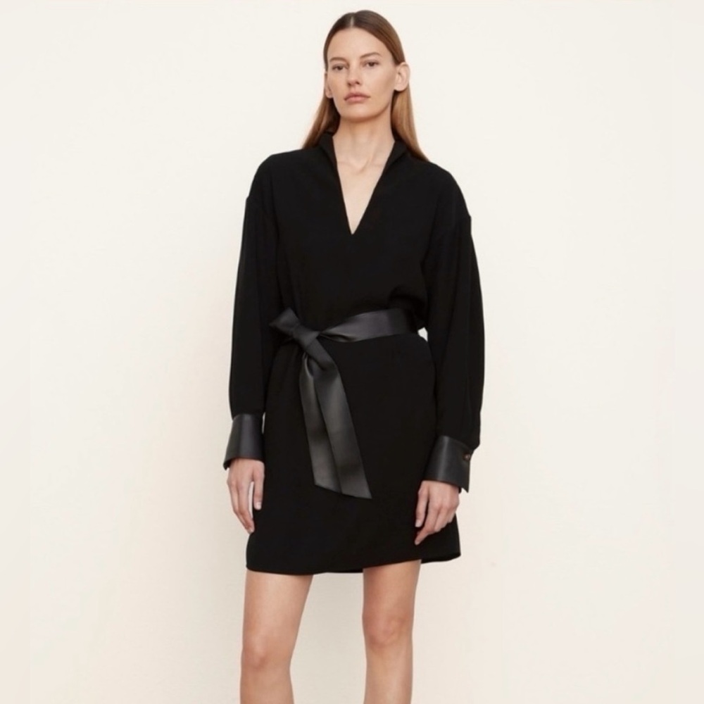 Vince Leather Trim Long Sleeve Shirtdress